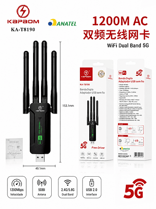 Adaptador Wi-Fi USB Dual Band AC1200 5G com 4 Antenas –
