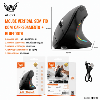 Mouse vertical sem fio com carregador Bluetooth